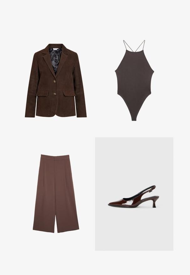 Bruine suède blazer met een geknipt kraag, twee voork pocketen en twee knopen. Binnenvoering van zwart satijn. Getailleerde pasvorm en strakke lijnen.; Bruine, hoge hals ééndelige zwempak met dunne, verstelbare schouderbandjes; beschikt over een hoge beenuitsnijding en een gladde textuur. Geen patronen of versieringen.; Bruine wijde broek met een gladde textuur, voorzien van een hoge taille en plooien aan de voorkant. De stof is lichtgewicht en valt losjes.; Bruine gepatineerde leren slingback-schoen met een spitse neus en een gematigd hakje. Voorzien van een gespsluiting voor een veilige pasvorm. Glad van textuur.