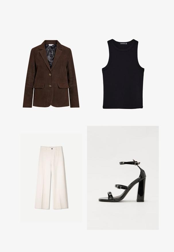 Brauner Wildlederblazer mit Reverskragen, zwei Fronttaschen und zwei Knöpfen. Innen gefüttert mit schwarzem Satin. Taillierte Passform und klare Linien.; Schwarzes Tanktop aus Baumwolle mit rundem Halsausschnitt und weiten Armöffnungen. Glatte Textur mit genähten Säumen. Klassisches, minimalistisches Design.; Cremfarbene weitem Hosen mit maßgeschneidertem Design, ausgestattet mit zwei vorderen Taschen und einem vorderen Knopfverschluss, aus glattem Stoff gefertigt.; Schwarze Lackleder-Sandalen mit hohen Absätzen, zwei Riemen mit Schnallen, quadratischer Zehenpartie und klobigem Blockabsatz, mit einer glatten, glänzenden Textur.