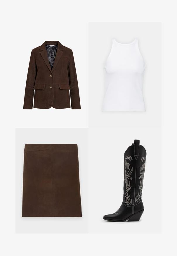Hnedý semišový blazer s klopovým golierom, dvoma prednými vreckami a dvoma gombíkmi. Interiér podšitý čiernym saténom. Úzky strih a čisté línie.; Biela bezrukávová tielko vyrobené z rebrovanej látky, s okrúhlym výstrihom a priliehavým strihom, s minimálnymi švami a bez ozdôb.; Hnedá semišová mini sukňa s čistým a jednoduchým dizajnom. Má rovný strih a hladké vertikálne švy pre minimálne detaily.; Čierne kožené kovbojské čižmy s špicatými prstami, klinovými podpätkami a striebornými vyšívanými kvetinovými vzormi po celej dĺžke. Kontrastné šitie po celom povrchu.