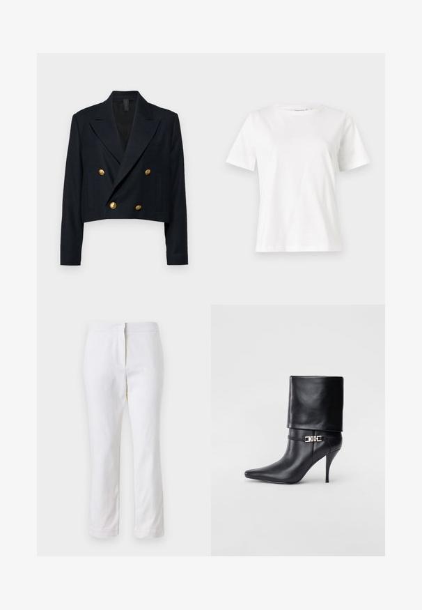 Kroppad marinblå dubbelknäppt blazer i tyg med en slät textur, med guldknappar och slag i kragen. Innehåller två sidofickor.; Valkoinen puuvillapaita lyhyillä hihoilla, pyöreällä kaula-aukolla ja rentolla istuvuudella. Sujuva rakenne, ei kuvioita tai yksityiskohtia, minimalistinen muotoilu.; Valkoiset puuvillahousut suoralla lahkeella, joissa on keskikorkea vyötärö ja ei näkyviä varusteita tai kuvioita. Ehjä pinta kauttaaltaan.; Musta nahkasaapas nilkkapituudella, teräväkärkinen, korkea stiletto-korko, käännettävä varsi ja kultainen koristeellinen solki nilkassa.
