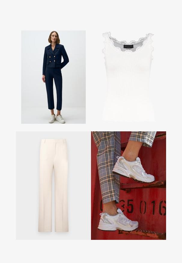 Granatowy krótki żakiet z podwójnymi złotymi guzikami, w połączeniu z tapered granatowymi spodniami i białymi trampkami. Gładki materiał o dopasowanym kroju.; Biały prążkowany top na ramiączkach z koronkowym wykończeniem przy dekolcie i rękawach. Posiada miękką teksturę i dopasowany krój. Wewnątrz widoczna metka marki.; Beżowe spodnie o prostym kroju, uszyte z lekkiego materiału. Posiadają fałdy z przodu i klasyczny pas.; Białe siatkowe sneakersy z srebrnymi akcentami i teksturowaną podeszwą, umieszczone na czerwonej powierzchni, w połączeniu z materiałowymi spodniami w kratę.