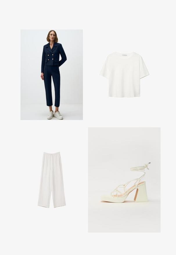 Marineblauer kurzer Blazer mit doppelten goldenen Knöpfen, kombiniert mit schmal zulaufenden marineblauen Hosen und weißen Sneakers. Glatter Stoff mit taillierter Passform.; Weißes T-Shirt mit kurzen Ärmeln aus Baumwolle. Hat einen Rundhalsausschnitt und eine lockere Passform. Glatte Textur ohne sichtbare Muster oder Akzente.; Weiße weit geschnittene Hose aus leichtem Stoff. Mit einem elastischen Bund und Kordelzug sowie Seitentaschen. Glatte Textur.; Weiße High-Heel-Sandale mit einem klobigen Absatz, die über ein Riemchendesign und ein Knöchelband verfügt. Glatte Textur mit einer Plattform vorne für zusätzliche Höhe.