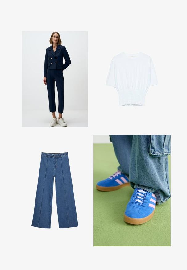 Blazer cropped bleu marine avec double bouton doré, accompagné de pantalons navy ajustés et baskets blanches. Tissu lisse avec une coupe ajustée.; T-shirt blanc à manches courtes avec une coupe décontractée et une texture froncée à la taille. Fabriqué en tissu doux et léger.; Jeans en denim à jambes larges de couleur bleu moyen, présentant une taille haute, une fermeture à bouton et des détails de couture verticaux contrastants à l'avant.; Des chaussures en daim bleu avec des rayures roses et des lacets blancs, dotées d'une semelle en caoutchouc gomme, assorties à un pantalon en denim ample sur une surface verte.