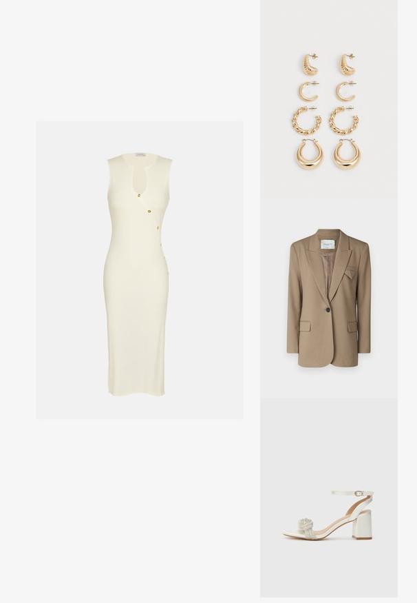 Hnědý blazer se strukturovaným designem, zapínání na jeden knoflík, dvě přední kapsy a trojúhelníkový akcent na klopě. Texturovaná tkanina.; Dlouhé, těsně přiléhající bezramínkové šaty ze světle slonové kosti s jemným žebrováním. Mají kulatý výstřih a boční knoflíky se zlatými akcenty.; Bílé otevřené sandály s tlustým blokovým podpatkem, s texturovaným třpytivým páskem přes nohu a nastavovacími pásky kolem kotníku.; Bílá strukturovaná kabelka s krátkými uchy a ramenním popruhem, zdobená zlatými kovovými prvky a texturovaným materiálem, vystavená na šedém pozadí.; Sada pěti zlatých náušnic s různými designy: zkroucené, žebrované a hladké povrchy ve tvaru kruhu a půlměsíce.