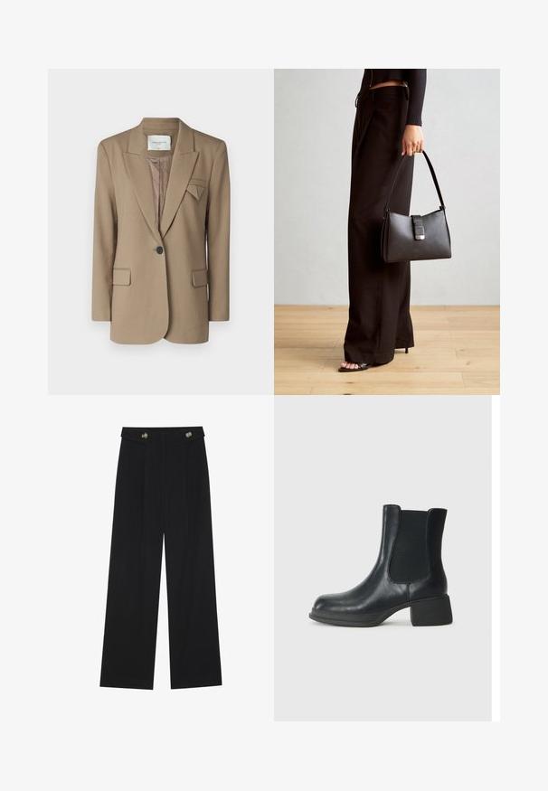 Rudas švarkas su struktūrizuotu dizainu, viena mygtuko uždarymo, dviem priekinėmis kišenėmis ir trikampiu akcentu ant apykaklės. Tekstūruota medžiaga.; Du suknelės su ilgomis rankovėmis, viena juoda ir viena balta, abi su kvadratiniu iškirpimu ir pagamintos iš minkštos, elastingos medžiagos.; Juodi plačios kojos kelnės su aukštu liemeniu, sagų detalėmis ant liemens ir priekinėmis raukšlėmis.; Juodos odinės kulkšninių botai su elastingais šonais, suapvalintu bato pirštu ir žemu bloko kulnu. Paviršius yra lygus ir turi minimalų dekoravimą.; Juodas rankinė struktūrizuota forma, lygi tekstūra ir metalinis užsegimas. Suporuota su plačiomis juodomis kelnėmis ir atvirais bateliais ant medinių grindų.