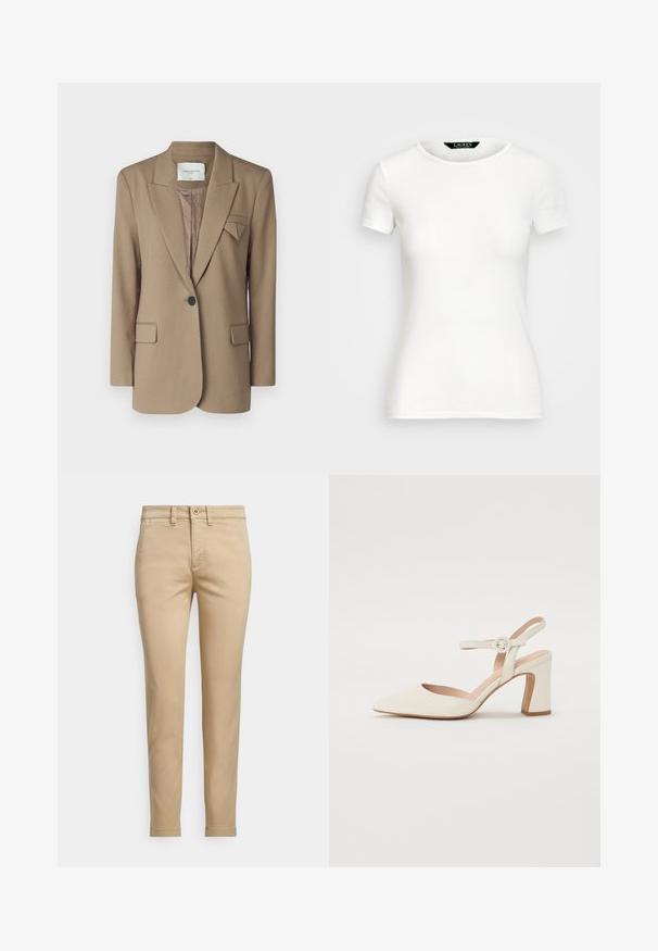 Blazer marrón con un diseño estructurado, cierre de un solo botón, dos bolsillos frontales y un acento triangular en la solapa. Tela texturizada.; Camiseta de algodón blanca con mangas cortas, cuello redondo, diseño ajustado y textura suave. Etiqueta con logotipo en el cuello.; Pantalones chinos de algodón beige con corte recto, cierre con botón, bolsillos frontales y detalles cosidos a lo largo de las costuras.; Zapato de tacón bajo de color crema y punta afilada. Presenta una delgada correa en el tobillo con una hebilla redonda y una textura de cuero suave.