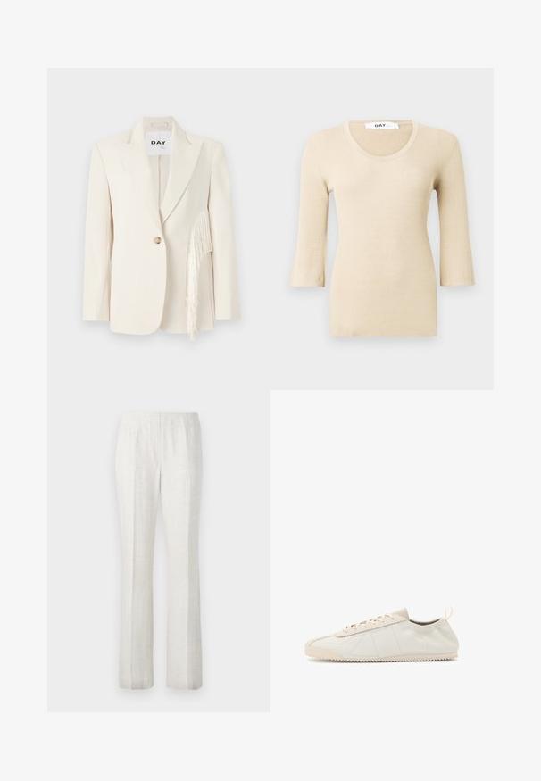 Bež blazer s reverima, zatvaranjem na jedan gumb i bočnim resicama. Glatka tekstura, kroj u skladu s tijelom i minimalistički dizajn.; Bež majica dugih rukava s rebrastom teksturom i izrezom u obliku žlice. Tekstura je glatka i prilagođena tijelu. Raskošni rukavi dodaju suptilan dizajnerski detalj.; Svijetle hlače ravnog kroja s glatkom teksturom, s prednjim naborima i jednostavnim dizajnom struka.; Kremaste kožne tenisice s okruglim prstom, vezanjem, teksturiranim detaljima i teksturiranim gumenim potplatima koji imaju uzorak zigzaga za bolju prionljivost.