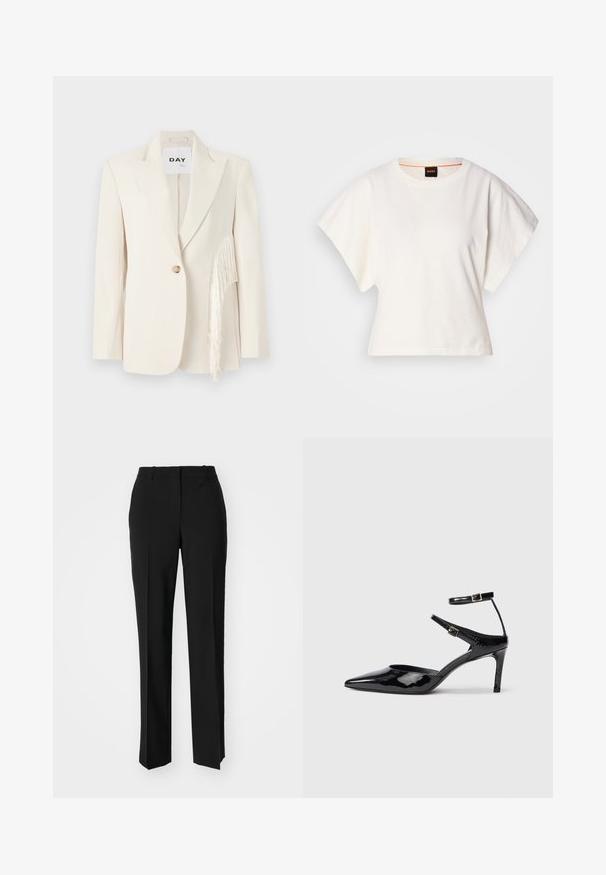 Cream blazer with notched lapels, single button closure, and side fringe detail. Smooth texture, tailored fit, and minimalistic design.; White cropped T-shirt, short wide sleeves, soft cotton material, round neckline with subtle orange trim, minimal design, no patterns or graphics.; Black tailored trousers with a straight-leg design, featuring a smooth texture and crisp creases along the front. No visible hardware.; Black patent leather heels with a pointed toe, adjustable ankle straps, and a slender heel. Smooth texture with a shiny finish.