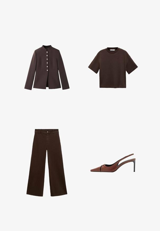 Donkerbruin jack met een hoge kraag, voorzien van een zesknopen sluiting met parelachtige accenten en lange mouwen. Perfecte pasvorm.; Bruine T-shirt met korte mouwen, gemaakt van zachte katoen. Heeft een ronde halslijn en een recht model, met een gladde textuur en geen zichtbare patronen.; Bruine wijde broek in katoenmix, met een rafelige zoom, sluiting met een knoop aan de voorkant en een klassieke vijf-pocketstijl. Minimalistisch en veelzijdig.; Bruine leren slingback hakken met een spitse neus, uitsnijding bij de bovenkant en een elegante stilettohak. Glad oppervlak.