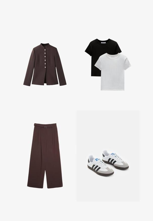 Temno rjav plašč z visokim ovratnikom, ki ima sprednjo zapiranje na šest gumbov z bisernimi akcenti in dolgimi rokavi. Prilagojen kroj.; Dve majice s okruglim izrezom, crne in bele barve, narejene iz bombaža. Imajo kratke rokave in enobarven dizajn brez vzorcev ali dodatkov.; Stradivarius WIDE-LEG WITH BUCKLE DETAIL - Hlače - dark brown; Športni čevlji z belim usnjenim zgornjim delom, sivim semišem na prstih in tremi črnimi črtami. Imajo modro logo na jeziku in teksturiran gumijast podplat.