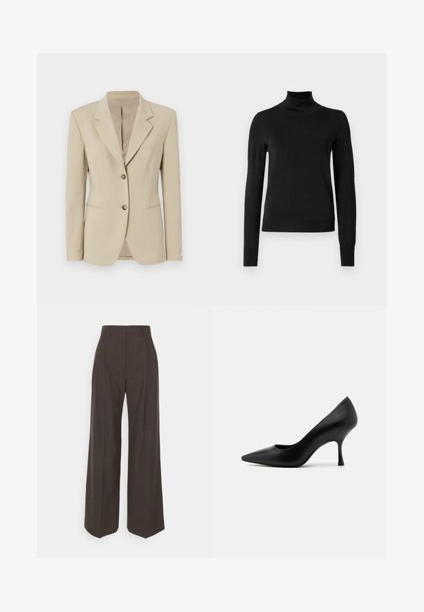 Városi bézs blézer, strukturált kialakítással, egysoros gombolású elülső rész, éles hajtókák, két gomb és enyhe textúra. Szabott derékkal és zsebekkel rendelkezik.; Fekete, hosszú ujjú garbós pulóver bordás mandzsettákkal és aljjal, sima fehér háttér előtt bemutatva.; Sötétbarna, bő szárú nadrág magas derékkal, tisztán vasalt redőkkel, sima textúrával és testhez simuló fazonnal.; Fekete bőr magassarkú cipő, hegyes orral és vékony sarokkal, sima textúrával és klasszikus szilhuettal.