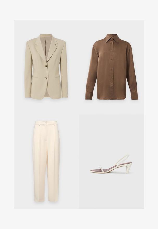 Városi bézs blézer, strukturált kialakítással, egysoros gombolású elülső rész, éles hajtókák, két gomb és enyhe textúra. Szabott derékkal és zsebekkel rendelkezik.; Barna, hosszúujjú, gombos ing, hegyes gallérral és mandzsettákkal, egyszerű fehér háttér előtt kiemelve.; Beige, egyenes szabású testre szabott nadrág, elöl plisszírozással, sima textúrával és közepes derékkal. Nincsenek látható zsebek.; Fehér, pántos szandál enyhe sarokkal, vékony pántokkal és sima bőr textúrával; kis díszítő csattal rendelkezik.