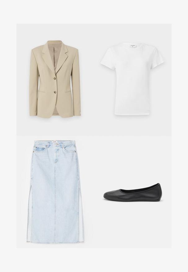 Városi bézs blézer, strukturált kialakítással, egysoros gombolású elülső rész, éles hajtókák, két gomb és enyhe textúra. Szabott derékkal és zsebekkel rendelkezik.; Fehér pamut póló kerek nyakkivágással és rövid ujjal, laza fazonban és minimalista dizájnnal. A címke látható a nyakán.; Világoskék farmer maxi szoknya egyenes szabással, oldalsó hasítékokkal és öt zsebes kialakítással. Kiemelkedő varrás és fém gombos zárás.; Fekete bőr balettcipő lekerekített orral, sima tekstúrával, minimális varrással és rugalmas talp kialakítással.