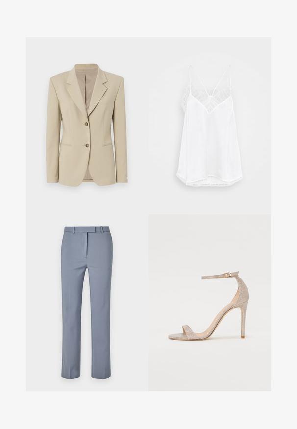 Városi bézs blézer, strukturált kialakítással, egysoros gombolású elülső rész, éles hajtókák, két gomb és enyhe textúra. Szabott derékkal és zsebekkel rendelkezik.; Fehér pántos top V-nyakkivágással, vékony pántokkal, texturált csipke díszítéssel a vállaknál és ívelt szegéllyel. Simás anyagfelület.; Világoskék nadrág sima anyagból, lapos elülső résszel, övhurkokkal és testreszabott szabással, egyenes lábakra.; Fém rózsaarany színű, pántos magassarkú szandál, texturált felsőrésszel, nyitott orral és arany csattal díszített bokapánttal.