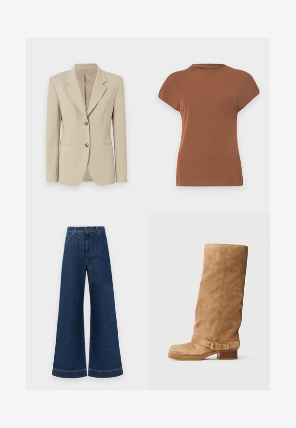 Beige sako se strukturovaným designem, jednostranným zapínáním, ostrými klopami, dvěma knoflíky a slabou texturou. Obsahuje upravený pas a kapsy.; Hnědý top s krátkým rukávem vyrobený z měkké tkaniny, má kulatý výstřih a uvolněný střih, s hladkou texturou a bez viditelných vzorů.; Široké modré džíny s vysokým pasem, se zapínáním na knoflík, poutky na opasek a jemnými stehy podél kapes a lemů.; Hnědá semišová kotníková bota se zakulacenou špičkou a nízkým klínovým podpatkem, s nastavitelným popruhem se zlatou sponou kolem kotníku.
