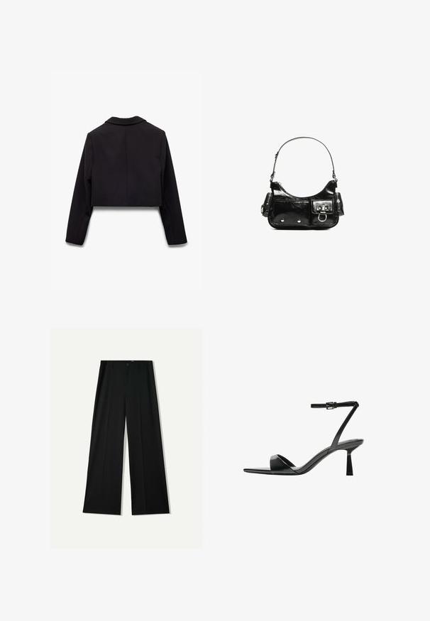 Schwarze taillierte Blazerjacke mit Reverskragen, langen Ärmeln und glattem Stoff ohne sichtbare Muster oder Beschläge. Rückansicht gezeigt.; Schwarzes, langärmliges, kurz geschnittenes Oberteil mit Rundhalsausschnitt, schlichter Gestaltung und leicht abgerundetem Saum.; Bershka WIDE - Stoffhose - black; Bershka High Heel Sandalette - black; Schwarze Lackleder-Handtasche mit geschwungenem Design, einem Schulterriemen, Vordertaschen und silberfarbenen Hardware-Akzenten.