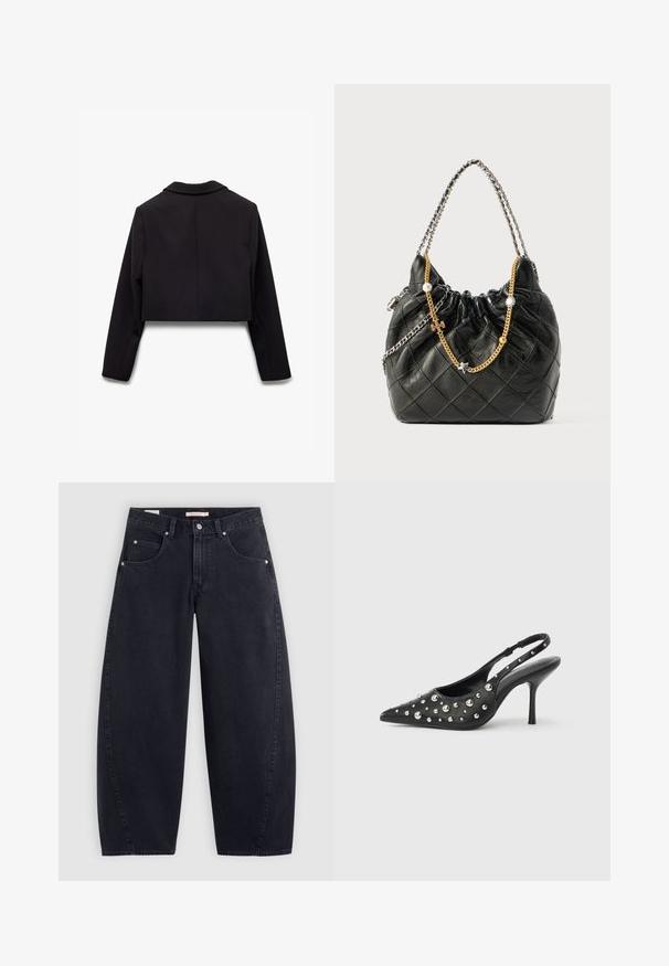 Blazer negro corto con cuello con muescas, mangas largas y tejido suave sin patrones visibles ni herrajes. Se muestra vista trasera.; Camiseta negra de algodón, con mangas cortas sobre una capa blanca de manga larga con un patrón texturizado sutil. Diseño de escote redondeado.; Jeans anchos de mezclilla negra con cintura alta, dos bolsillos delanteros y herrajes plateados. Textura suave, detalles de costura mínimos y corte recto.; Zapato de tacón alto con tira trasera negro, punta puntiaguda, detalles con tachuelas y acentos plateados brillantes. Textura de cuero suave con tacón de aguja delgado.; Bolso de piel negro con un diseño acolchado, parte superior fruncida y asas dobles de cadena con acentos en oro y plata y charms decorativos.; Collar con cuentas redondas transparentes, herrajes de plata y un colgante en forma de corazón rosa con una superficie facetada.