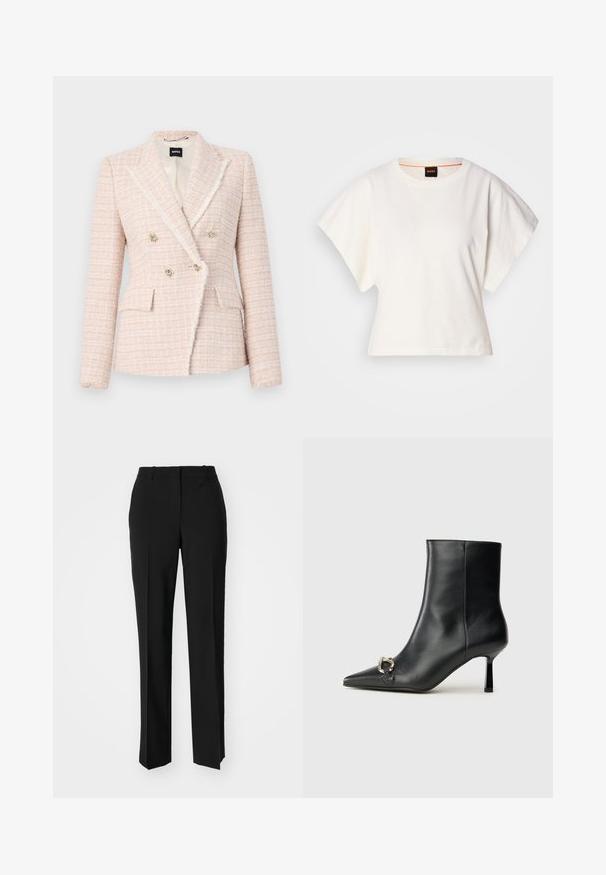 Világos rózsaszín tweed blézer, dupla gombolású kialakítással, kivágott hajtókákkal, két elülső zsebbe és aranyszínű gombokkal. Puha textúrájú anyag.; Fehér, rövid, bő ujjú, crop szabású póló, puha pamut anyagból, kerek nyakkivágással, finom narancssárga díszítéssel, minimalista dizájn, minta vagy grafika nélkül.; Fekete, testhezálló nadrág egyenes szárú kivitelben, sima textúrával és éles redőkkel az elején. Nincs látható fémalkatrész.; Fekete bőr bokacsizma hegyes orral, vékony közép magasságú sarokkal és ezüst csattal az oldalon, sima háttér előtt.