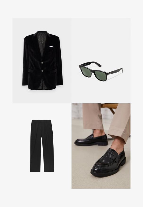 JOOP! HORACE czarny; Szary dzianinowy sweter z kołnierzykiem, trzema przyciskami z przodu oraz ribbed dołem. Tkanina wydaje się być miękka i teksturowana, z luźnym krojem.; Czarne spodnie o prostym kroju, wykonane z gładkiego materiału. Posiadają zakładki z przodu i pojedyncze zapięcie na guziki w pasie.; Czarne skórzane mokasyny o gładkim wykończeniu, z dekoracyjnym paskiem i kontrastowym szwem, w połączeniu z beżowymi spodniami.; Czarne plastikowe okulary przeciwsłoneczne z zielonymi szkłami, kwadratowe oprawki, srebrny akcent na brwi oraz fakturowane ramiona temple. Nazwa marki podana na wewnętrznej stronie ramion.