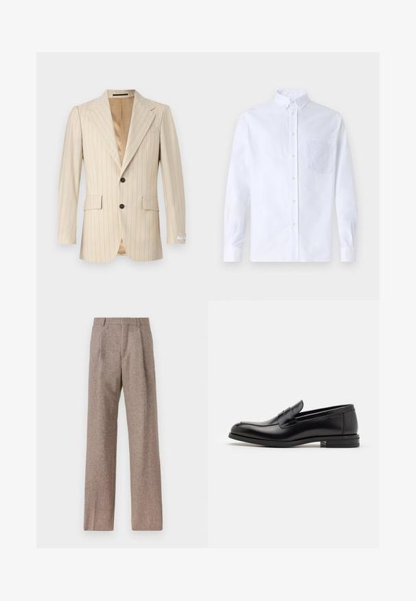 Tiger of Sweden JON biały; Biała koszula z długim rękawem na guziki, wykonana z bawełny, z kieszonką na piersi z tonowym haftem, kołnierzykiem i zapięciem na guziki przy mankietach.; Brązowe, wysokiej talii spodnie wykonane z teksturowanej tkaniny. Posiadają szerokie nogawki i dwa przednie zakładki dla lepszej struktury. Starannie wykończone, bez widocznych elementów metalowych.; Czarne skórzane mokasyny o gładkiej fakturze, zaokrąglonym nosku i dekoracyjnym pasku na przodzie. Niski, warstwowy obcas, minimalistyczny design.