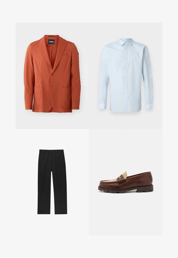 Oranžový textúrovaný blejzer s vykrojeným golierom, dvoma prednými vreckami a jedným gombíkom na zapínanie. Označené "BOSS" na golieri.; Svetlomodrá dlhá košeľa s rukávmi vyrobená z hladkej tkaniny, s predným zapínaním na gombíky, klasickým golierom a gombíkovými manžetami.; Čierne nohavice s rovnými nohavicami, vyrobené z hladkej tkaniny. Majú predné puky a jediné gombíkové zapínanie v páse.; Hnedé kožené loafers so taupe plátnovým akcentom, prešívaním a textúrovanou gumovou podrážkou navrhnutou pre pohodlie a trvácnosť.