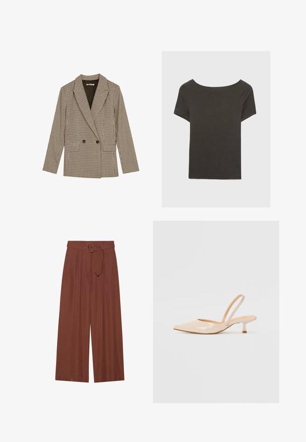 Double-breasted blejzer v hnedo-čiernom kockovanom vzore, s klopovým golierom, bočnými vreckami a mierne textúrovanou látkou.; Tmavošedý top s krátkym rukávom a lodičkovým výstrihom. Vyrobený z rebrovanej látky, s voľným strihom a čistým lemovaním. Jednoduchý dizajn, bez vzorov.; Hnedé široké nohavice vyrobené z látky, s opaskom so štvorcovou prackou, s nariaseným dizajnom a hladkou textúrou.; Bežové lakované sandále na podpätku so špicatou špičkou a štíhlym, štvorcovým podpätkom. Hladká textúra a minimalistický dizajn bez ozdôb.
