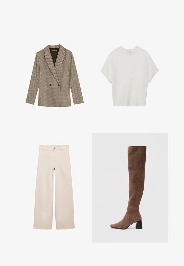 Kaksirivinen jakku ruskeassa ja mustassa ruudullisessa kuosissa, jossa on viistetyt läpät, sivutaskut ja hieman teksturoitu kangas.; Valkoinen lyhythihainen t-paita, jossa on leveä pyöreä kaula-aukko ja teksturoitu ribbikuvio, valmistettu pehmeästä kankaasta, rento malli ja siisti muotoilu.; Beige leveleet jeansit, joissa on korkea vyötärö, napitus, etutaskut ja risat helmat. Valmistettu denim-kankaasta.; Sukkapituiset ruskeat saappaat pehmeästä mokasta, joissa on teräväkärkinen muotoilu ja jykevä musta korko. Suunnittelussa on saumaton ompelu, joka antaa tyylikkään ilmeen.