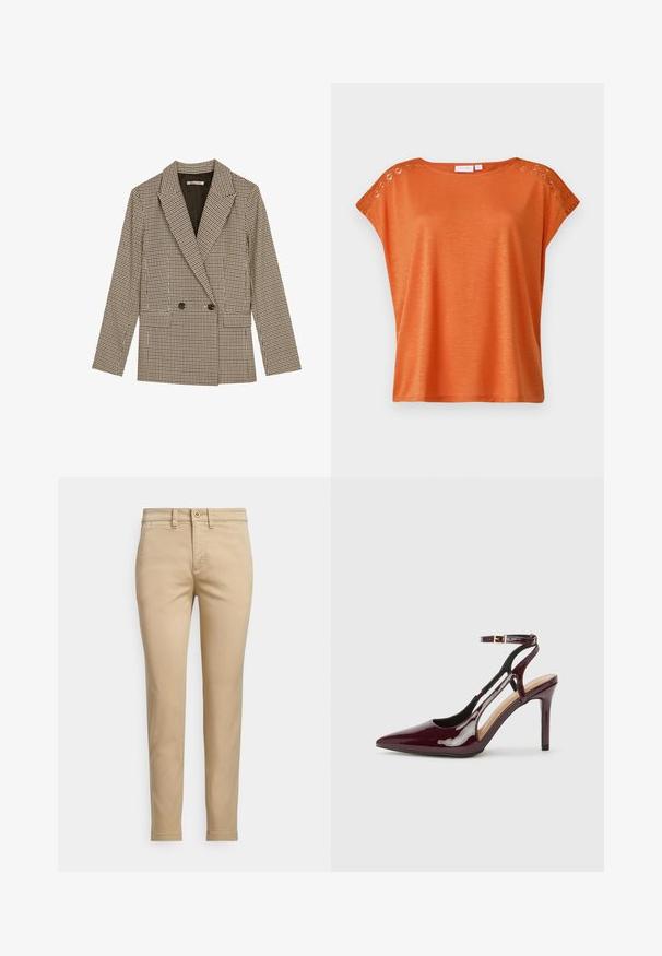 Kettős gombolású blazer barna és fekete kockás mintával, melynek a nyaka jellegzetes, oldalsó zsebei vannak, és enyhén textúrált anyagból készült.; Narancssárga, rövid ujjú felső, könnyű anyagból készült. Díszítő csipke panel található a vállon. Lazább szabású és sima tapintású.; Bézs színű, pamutból készült, egyenes szabású chinos nadrág, gombos záródással, elülső zsebekkel és varrott részletekkel az illesztéseknél.; Burgundi színű, lakkbőr magassarkú cipő, hegyes orral, bokapánttal és oldalsó kivágásokkal. Simább és fényes felület.