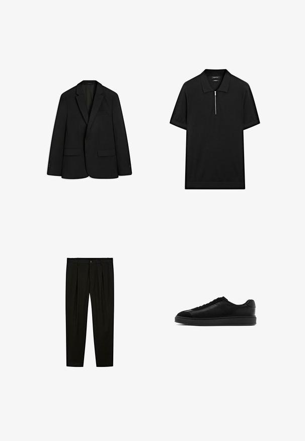 Černý blazer vyrobený z hladkého materiálu; má klopový límec, dvě přední kapsy a jedno zapínání na knoflík. Hladká textura a padnoucí střih.; Černé polo tričko s krátkým rukávem, stojatým límečkem a předním zipem. Vyrobeno z hladké tkaniny s čistým, minimalistickým designem.; Černé oblekové kalhoty vyrobené z hladké tkaniny. Mezi další vlastnosti patří rovný přední díl, široké nohavice a zapínání na knoflík v pase.; Černé kožené tenisky s hladkým povrchem, kulatou špičkou, šněrováním na přední části a kontrastní texturovanou klopnou. Silná černá gumová podrážka.