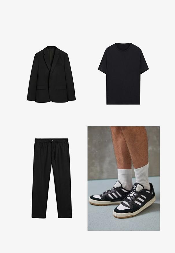 Black blazer made from sleek fabric; features a notched lapel, two front pockets, and a single button closure. Smooth texture and tailored fit.; Black short-sleeve crew neck t-shirt with a straight hem, displayed flat on a white background.; Black pants made of lightweight fabric. Features an elastic waistband with drawstring and a button closure. Straight-leg design, no patterns.; Black and white sneakers with a suede and leather upper, featuring three white stripes, a perforated toe, and a gum rubber sole.