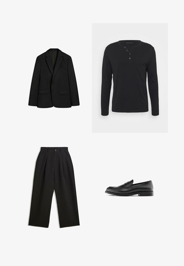 Zwarte blazer gemaakt van sleek stof; voorzien van een paspelkraag, twee voorzakken en een enkele knoopsluiting. Zachte textuur en getailleerde pasvorm.; Zwart lange mouwen henley shirt van zachte stof, met een knoopsluiting, ronde halslijn en aansluitende mouwen.; Zwarte broeken met een relaxte pasvorm, voorzien van plooien aan de voorzijde, zijzakken en een knoopsluiting. Gemaakt van textiel met structuur.; Zwarte leren penny loafer met lage hak, ronde neus en gestikte details langs de bovenkant, weergegeven in zijprofiel op een witte achtergrond.