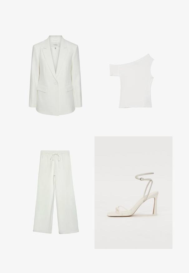 Biały żakiet z klapami, z jednolitą regulacją na jeden guzik i dwoma przednimi kieszeniami. Wykonany z gładkiego, strukturalnego materiału.; Asymetryczna biała bluzka wykonana z gładkiego materiału, z jednym krótkim rękawem i jednym odkrytym ramieniem, o czystym, minimalistycznym wyglądzie.; Białe spodnie o szerokich nogawkach wykonane z miękkiego materiału. Posiadają elastyczny pas ze sznurkiem i gładką teksturę. Brak widocznych wzorów lub elementów metalowych.; Białe sandały na obcasie z cienkim paskiem wokół kostki i dwoma przednimi paskami. Gładka skórzana tekstura, kwadratowy nos i błyszczący obcas.