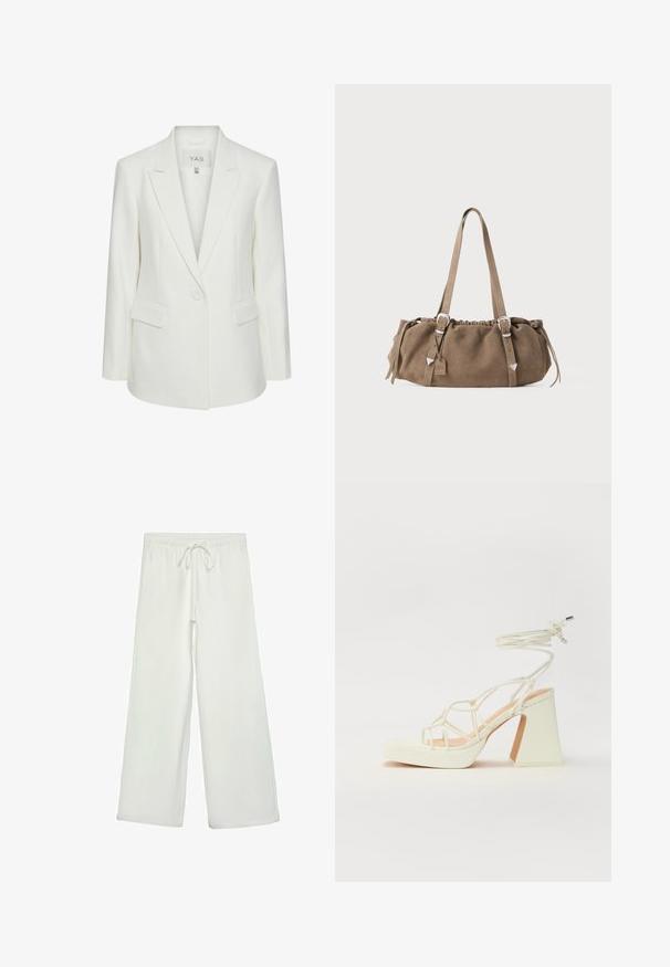 Bijela sako jakna s ovratnikom, jednim gumbom na zatvaranju i dva prednja džepa. Napravljena od glatkog, strukturiranog materijala.; Bijela pamučna majica s kratkim rukavima, okruglim izrezom i glatkom, rebrastom teksturom. Jednostavan dizajn, bez uzoraka ili detalja.; Bijele hlače širokog kroja od mekog materijala. Imaju elastični pojas s vezicom i glatku teksturu. Nema vidljivih uzoraka ili metalnih dijelova.; Bijela sandala na visokoj potpetici s debelim petom, s remenom i vezanjem oko gležnja. Glatka tekstura s platformom sprijeda za dodatnu visinu.; Smeđa nubuk torba s nabranim vrhom, srebrnim metalnim detaljima i dva remena za nošenje. Karakterizira je pravokutni oblik i minimalistički dizajn.