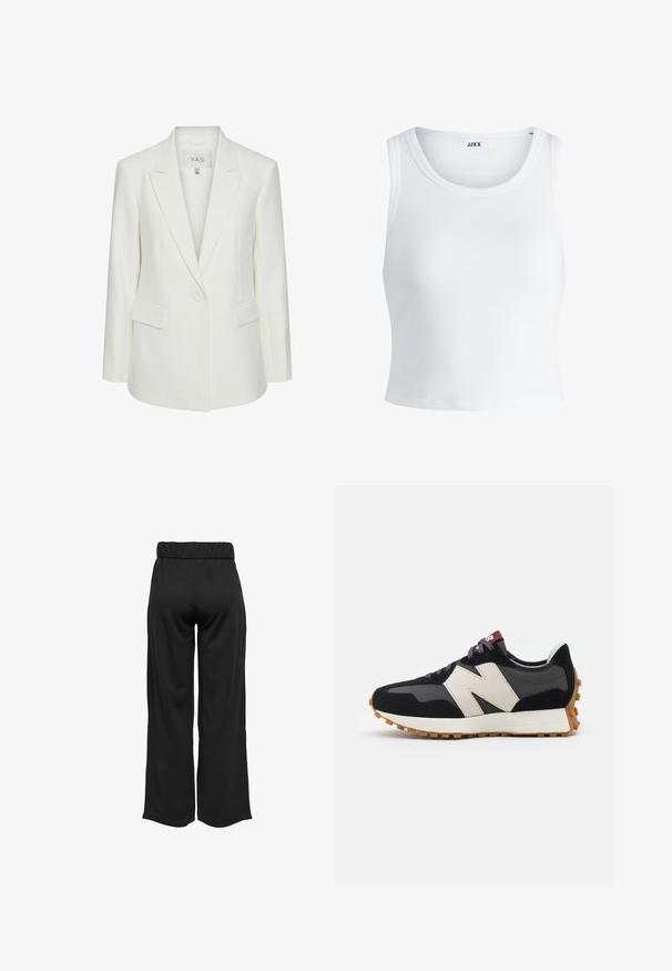 Blazer tailleur blanc avec un col cranté, fermeture à un bouton, et deux poches avant. Fait d'un tissu lisse et structuré.; Débardeur blanc côtelé avec un col rond, sans manches et d'une longueur cropped. L'étiquette indique "JJXX". Texture du tissu lisse.; Pantalons noirs à jambes larges avec une taille élastique, fabriqués à partir d'un tissu lisse. Présente un design épuré sans poches ni détails de couture visibles.; Baskets en suede noir et gris avec un grand logo "N" couleur crème, lacets violets et semelle extérieure en caoutchouc gomme texturé.