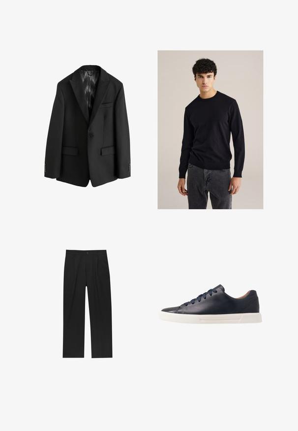 Next REGULAR FIT czarny; Czarna bawełniana bluza z okrągłym dekoltem, długimi rękawami, prążkowanymi mankietami i dolnym wykończeniem; w zestawie z szarymi dżinsami. Prosty, dopasowany krój bez wzorów.; Młody mężczyzna z kręconymi jasnobrązowymi włosami, ubrany w czarną koszulkę z krótkim rękawem i szare spodnie, patrzy w lewo z rękami w kieszeniach.; Czarne spodnie o prostym kroju, wykonane z gładkiego materiału. Posiadają zakładki z przodu i pojedyncze zapięcie na guziki w pasie.; Granatowe skórzane sneakersy z gładkim wykończeniem, płaską białą gumową podeszwą, okrągłym noskiem oraz sześcioma granatowymi sznurówkami przeciągniętymi przez okrągłe oczka.