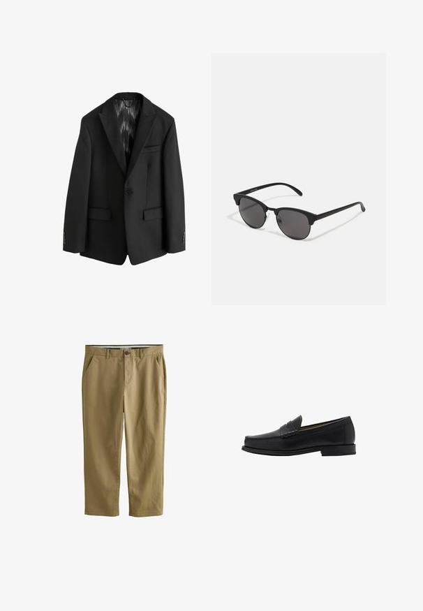 Next SLIM FIT TEXTURED STRIPE - Kostymkavaj - black; Vit polokrage långärmad topp gjord av ett slätt, mjukt tyg. Har en åtsittande hals och mudd med en avslappnad passform på kroppen. Minimalistisk design.; Khaki chinos tillverkade av bomullsblandning, med två sidofickor, knappstängning, raka ben och en mjuk textur.; Mango Business slip-ins - black; Svarta solglasögon med rundade linser, matt finish och tydlig cat-eye form. Smala skalmar med subtil logotyp på vänster skalmtempel.