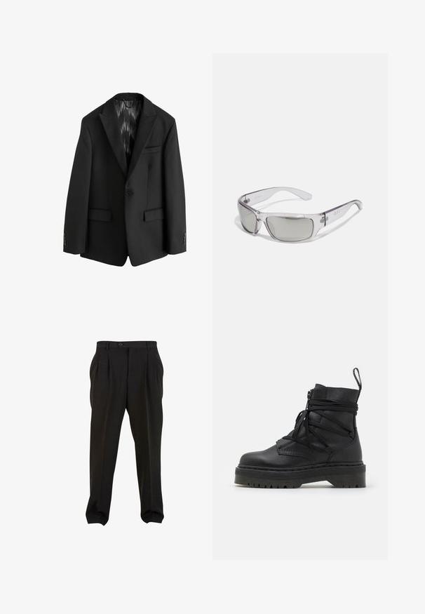 Next SLIM FIT TEXTURED STRIPE - Anzugsakko - black; Schwarzer Rollkragenpullover in Rippoptik, mit langen Ärmeln und einer taillierten Silhouette. Verfügt über gestrickte Details am Kragen und an den Bündchen.; Schwarze Hose aus glattem Stoff mit Frontfalten, einem Knopfbund und schmal zulaufenden Knöchelbündchen. Klassische, taillierte Silhouette.; Schwarze Leder-Ankle-Boots mit einer massiven strukturierten Sohle, ausgestattet mit einem Reißverschluss, Schnürdesign und einer Ziehschlaufe an der Rückseite.; Sonnenbrille mit einem transparenten Kunststoffrahmen, grauen Gläsern, durchgehender Bauweise und Logo-Detail an der Seite. Glatte Textur mit gebogenen Bügeln.; Schwarze Lederhandschuhe ohne Finger mit strukturiertem Finish. Zu den Merkmalen gehören vier Fingerlöcher, verstärkte Nähte und ein Druckknopfverschluss.