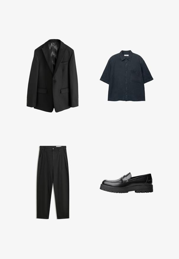 Next SLIM FIT TEXTURED STRIPE - Öltönyzakó - black; Sötétkék, rövid ujjú gombos ing, könnyű anyagból készült, mellzsebbel és klasszikus galléros kialakítással.; Fekete pamut nadrág laza szabással, klasszikus derékrésszel, elülső hajtásokkal és oldalsó zsebekkel. Simább textúra minta nélkül.; Fekete bőr loaferek vastag, bordázott talppal és díszcsíkkal az upper rész felett, bal oldali profilmódban, fehér háttér előtt.