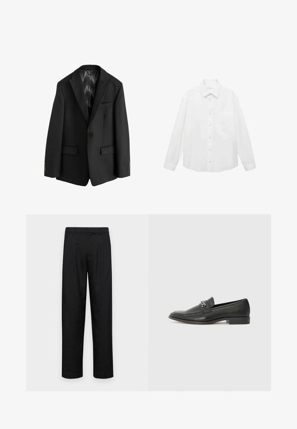 Next SLIM FIT TEXTURED STRIPE - Jakkesæt blazere - black; Mango ANTARES - Skjorter - white; Sorte bukser lavet af glat stof, med et lige ben-design, to frontfolder og en standard talje med bæltestropper.; Sorte læder loafers med en glat finish, der har et syet design og et dekorativt metal kædeaccent hen over vamps. Flad hæl.