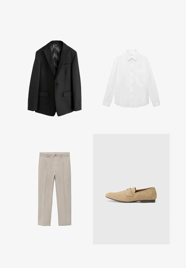Next SLIM FIT TEXTURED STRIPE - Anzugsakko - black; Mango ANTARES - Hemd - white; Helle beige Hose aus einem Baumwollgemisch mit geradem Bein, Frontfalten, einem Knopfverschluss und Seitentaschen.; Beige Wildleder-slipper mit leichtem Glanz, runder Zehenform, praktischer Schlupf-Design und niedrigem braunen Absatz. Dezente Steppnähte.