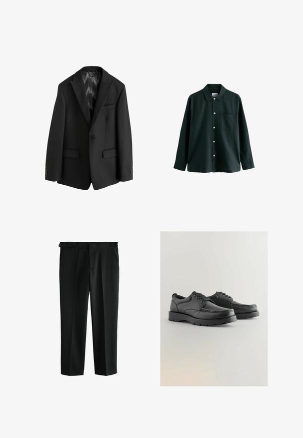 Next SLIM FIT TEXTURED STRIPE - Anzugsakko - black; Dunkelgrünes Hemd mit Knöpfen, einem Kragen, langen Ärmeln und einer einzelnen Brusttasche; verfügt über weiße Knöpfe und eine weiche Textur.; Schwarze Hose mit geradem Bein, aus glattem Stoff gefertigt. Verfügt über zwei vordere Taschen und einen Taillenbund mit Gürtelschlaufen.; Schwarze Lederschuhe mit strukturiertem Obermaterial, runder Spitze, Schnürdesign und dicken Gummisohlen mit einem Profil.