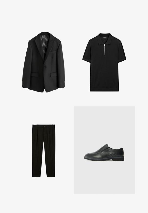 Next SLIM FIT TEXTURED STRIPE - Jakkesæt blazere - black; Sort kortærmet polo skjorte med ståkrave og frontlynlås. Lavet af et glat stof med et rent, minimalistisk design.; Sorte skræddersyede bukser lavet af glat stof. Funktioner inkluderer flad front, brede ben og en knaplukning i taljen.; Sorte læder slip-on sko med en glat overdel, syede detaljer, rund tå og en lav gummihæl. Sålen har minimal profil.