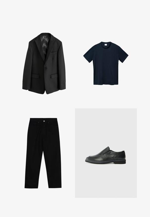 Next SLIM FIT TEXTURED STRIPE - Veste de costume - black; T-shirt bleu marine à manches courtes en coton doux, avec un col rond et un ourlet droit sans motifs visibles.; Pantalons en denim noir avec une coupe droite, un design à cinq poches et une fermeture à bouton à l'avant. Texture lisse avec des détails de couture minimaux.; Chaussure slip-on en cuir noir avec une tige lisse, des accents cousus, un bout arrondi et un petit talon en caoutchouc. La semelle présente un profil de traction minimal.