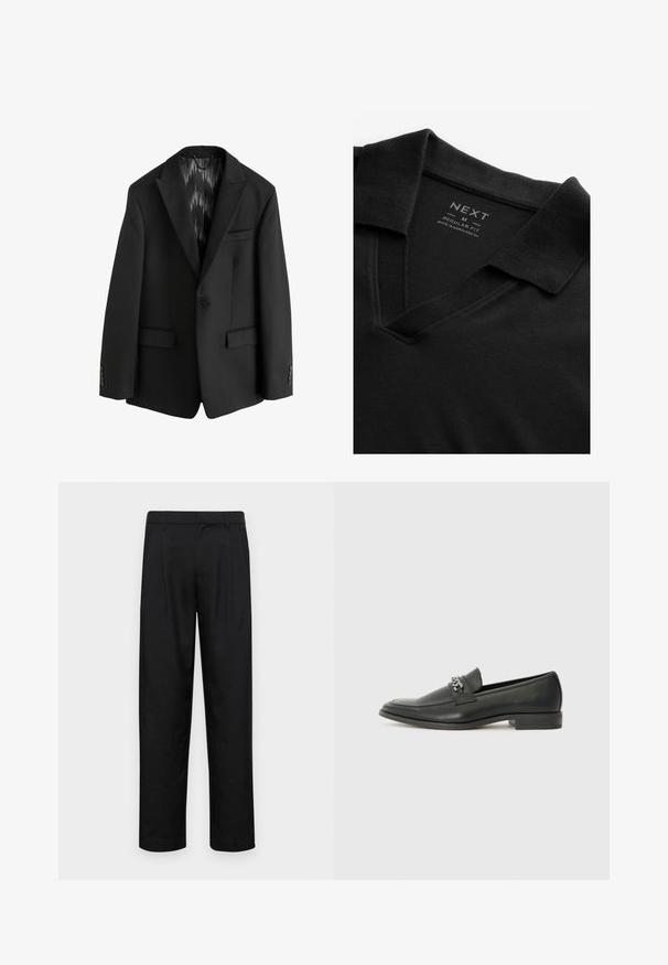 Next SLIM FIT TEXTURED STRIPE - Jakkesæt blazere - black; Sort polo skjorte med V-hals og tekstureret stof. Har en foldet krave og et mærke med brand- og størrelsesinformation. Regular fit.; Sorte bukser lavet af glat stof, med et lige ben-design, to frontfolder og en standard talje med bæltestropper.; Sorte læder loafers med en glat finish, der har et syet design og et dekorativt metal kædeaccent hen over vamps. Flad hæl.