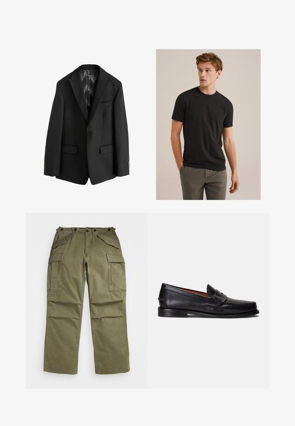 Next SLIM FIT TEXTURED STRIPE - Anzugsakko - black; Junger Mann mit lockigem, hellbraunem Haar, der ein schwarzes T-Shirt mit kurzen Ärmeln und graue Hosen trägt. Er schaut nach links und hat die Hände in den Taschen.; Olivegrüne Cargo-Hosen aus strukturiertem Stoff, mit mehreren Front- und Seitentaschen sowie verstärkten Nähten an den Säumen.; Schwarze Lederloafer mit glatter Oberfläche, abgerundetem Zehenbereich und dekorativem Riemen über dem Spann. Verfügt über eine flache schwarze Sohle.