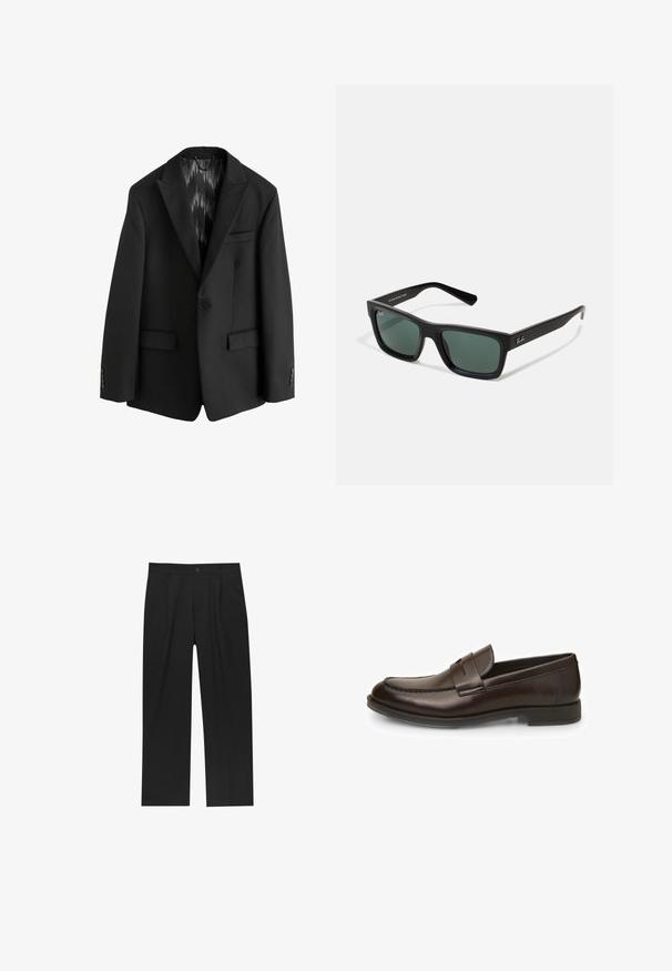 Next REGULAR FIT czarny; Czarna, długosleeveowa koszula henley wykonana z miękkiego materiału, z zapięciem na guziki, okrągłym dekoltem i dopasowanymi rękawami.; Czarne spodnie o prostym kroju, wykonane z gładkiego materiału. Posiadają zakładki z przodu i pojedyncze zapięcie na guziki w pasie.; Brązowe skórzane mokasyny o gładkiej fakturze, zaokrąglonym nosku i detalach przeszycia. Posiadają niski, piętrowy obcas i są wygodne w zakładaniu.; Czarne prostokątne okulary przeciwsłoneczne z zielonymi soczewkami, o matowym wykończeniu, prostych zausznikach oraz z logo Ray-Ban z boku.; Zegarek Timex z białą tarczą, czarnymi arabskimi cyframi i złotą kopertą. Posiada brązowy skórzany pasek z efektem krokodylej skóry oraz okno daty.