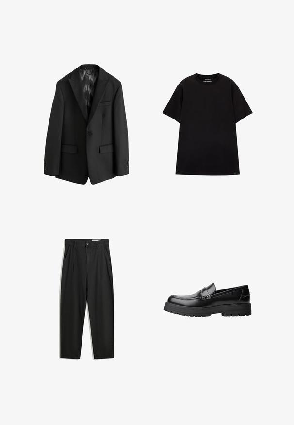 Next SLIM FIT TEXTURED STRIPE - Suknjič - black; PULL&BEAR JOIN LIFE - Navadna majica - black; Črne bombažne hlače s sproščenim krojem, ki vključujejo klasičen pas, sprednje gube in stranske žepke. Gladka tekstura brez vzorcev.; Črne usnjene loafersice s debelim profiliranim podplatom in dekorativnim pasom čez zgornji del, prikazane v levem stranskem profilu na beli podlagi.