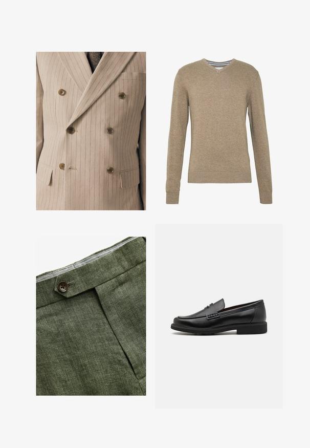 Beige dubbelzijdig geperst colbert met fijne verticale strepen, voorzien van houten knopen, een borstzak en een gestructureerde stof.; V-hals trui gemaakt van zachte, lichtbruine brei stof, met lange mouwen en geribbelde boorden en onderrand. Fijne textuur door de gehele stof.; Witte langlopende shirt met lange mouwen, gemaakt van gladde stof, met een klassieke kraag, knoopsluiting en een gebogen zoom. Minimalistisch ontwerp zonder patronen.; Witte katoenen t-shirt met ronde hals, gedragen met marineblauwe geplooide broek en een bruine leren riem met een gouden gesp.; Olijf groene linnen broek met een voorplooi, voorzien van een knoopsluiting en een contrasterende geruite voering bij de tailleband.; Zwarte synthetische loafers met een opvallende gestikte voorkant, gevoerde binnenzool en platte rubberen buitenzool; slank ontwerp met minimale details.