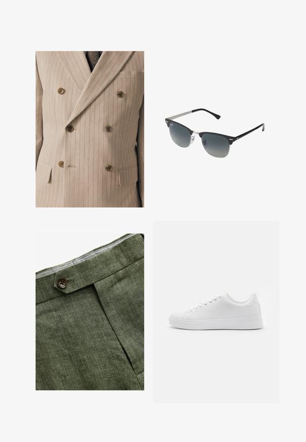 Beige double-breasted suit jacket with fine vertical stripes, featuring wooden buttons, a chest pocket, and textured fabric.; V-neck sweater made of soft, light brown knit fabric, featuring long sleeves and ribbed cuffs and hem. Subtle texture throughout the fabric.; White cotton t-shirt with a round neckline worn with navy pleated trousers and a brown leather belt featuring a gold buckle.; Olive green linen trousers with a front pleat, featuring a button closure and a contrasting checkered lining at the waistband.; White sneakers with a smooth synthetic upper, round toe, six eyelets for laces, and a low-profile rubber sole with textured detailing.; Black and silver sunglasses with a cat-eye shape, gradient lenses, and metallic accents on the frame. Plastic arms with grey tips.