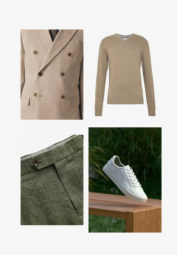 Beige double-breasted suit jacket with fine vertical stripes, featuring wooden buttons, a chest pocket, and textured fabric.; V-neck sweater made of soft, light brown knit fabric, featuring long sleeves and ribbed cuffs and hem. Subtle texture throughout the fabric.; White cotton t-shirt with a round neckline worn with navy pleated trousers and a brown leather belt featuring a gold buckle.; Olive green linen trousers with a front pleat, featuring a button closure and a contrasting checkered lining at the waistband.; White lace-up sneaker hovering above wooden bench with green foliage in the background, showcasing shoe design and texture.